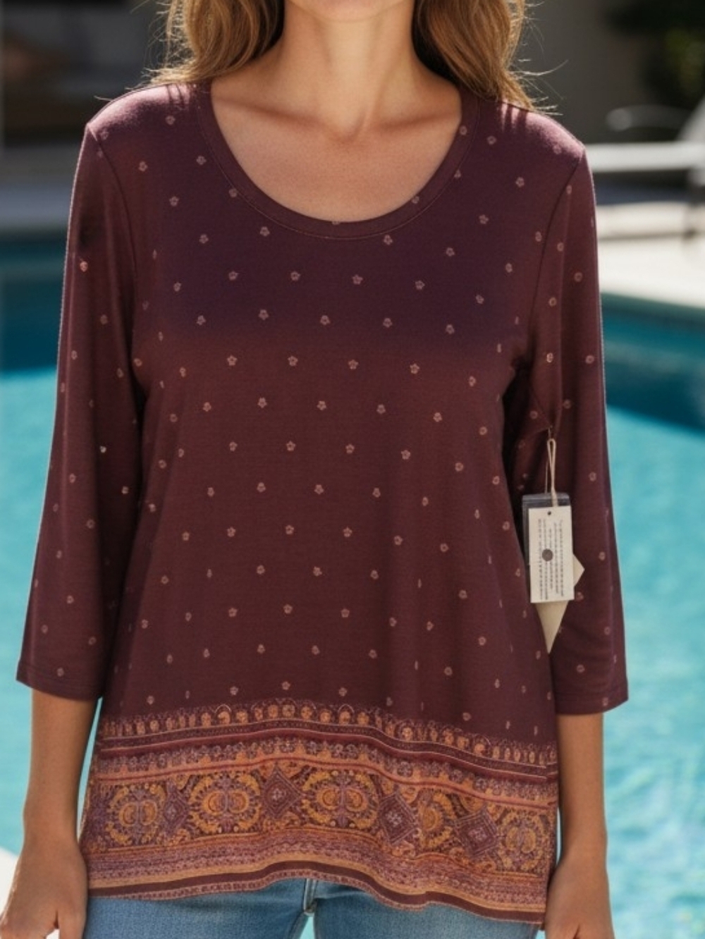 Farmers Market - NWT, 3/4 Sleeve Tunic, Scoop Neck, Bohemian Type Print, Size L
